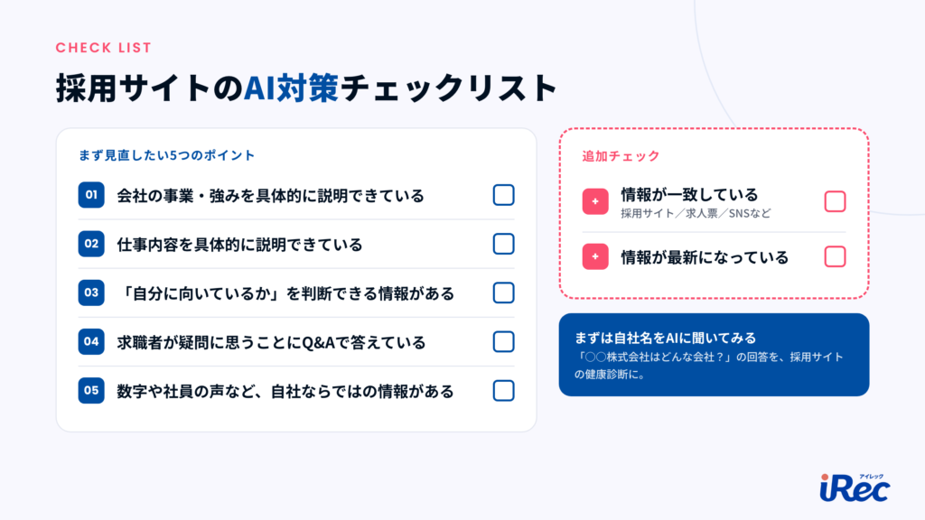 採用サイトのAI対策チェックリスト。事業と強み、仕事内容、向いているかの判断材料、FAQ、自社ならではの情報の5項目と、情報の一致・最新性の追加チェック